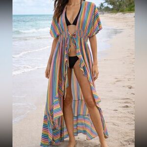 America & Beyond Rainbow Stripe Beach Cover Up Large Sheer Tie Front